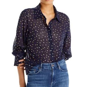 NWT Aqua Navy Heart Dot Chiffon Button Up Shirt